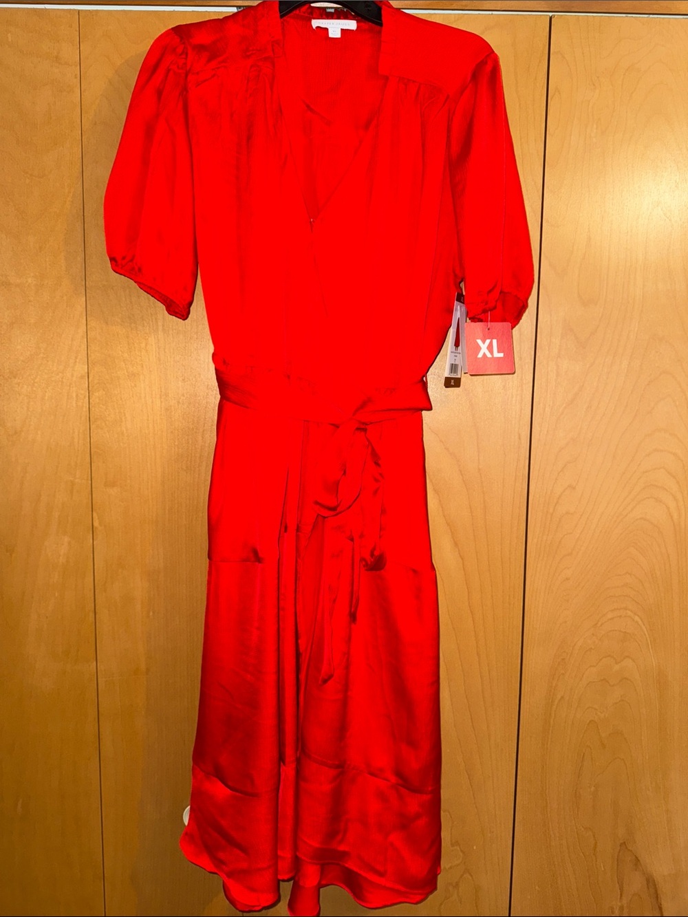Draper James Red Midi Wrap Dress with Puff Sleeves
